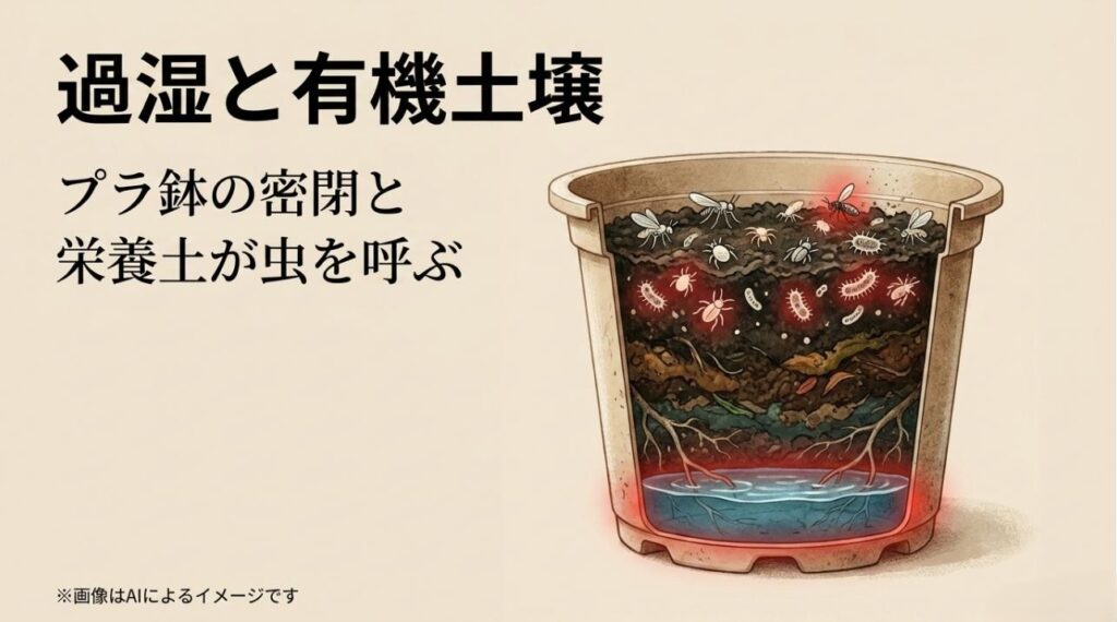 密閉された鉢の中で土が過湿になり、微生物や虫が集まってくる様子を描いた鉢内部の断面図スライド