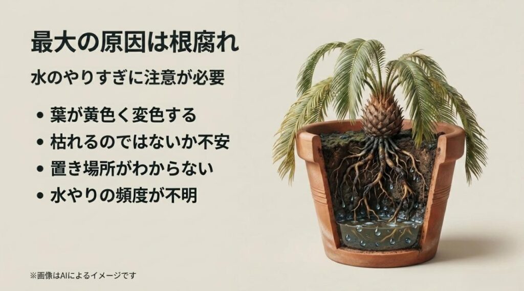 鉢底に水が溜まり、根が腐って葉が垂れてしまったソテツの断面イメージ