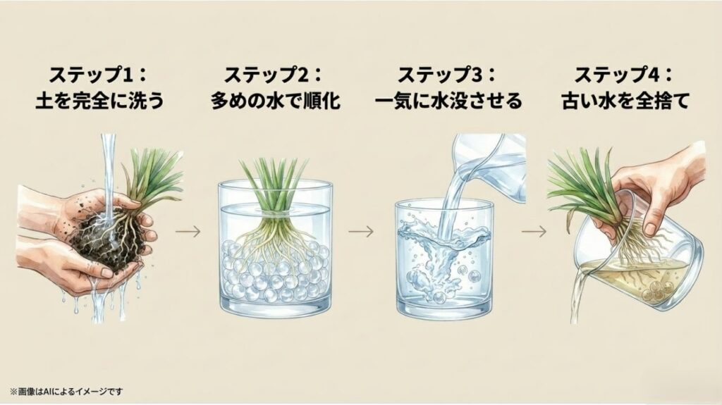根の土を完全に洗い、多めの水で順化させ、古い水を全捨てするまでのセッティング手順図解