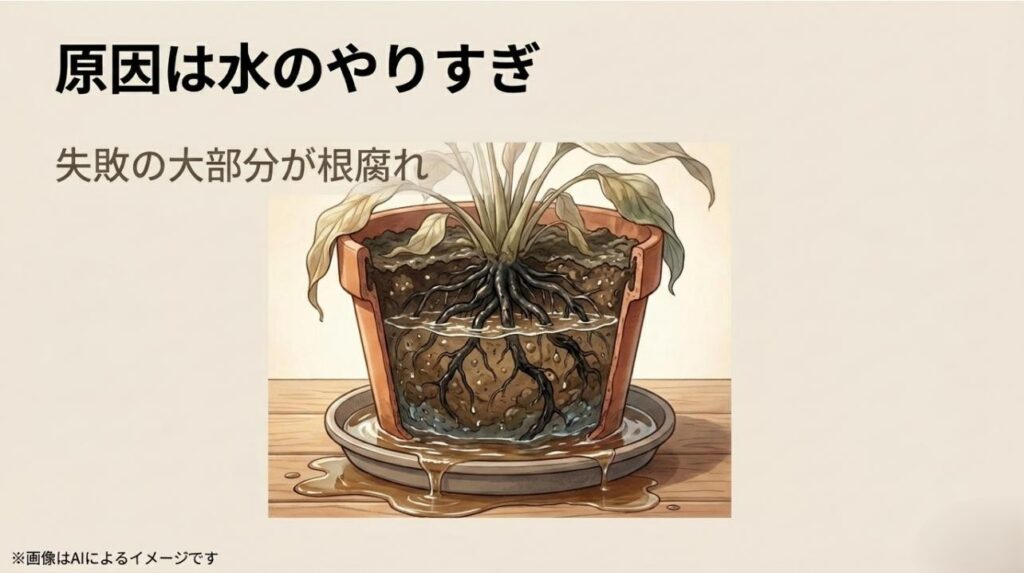 鉢の底や受け皿に水が溜まり、土の中の根が黒く腐って上の葉が垂れ下がってしまっている様子を詳しく描いた鉢植えの断面図スライド