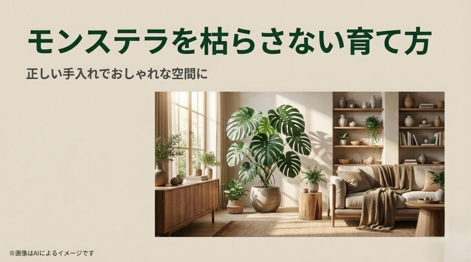 柔らかな光が差し込むおしゃれなリビングに飾られた、大きく立派に葉を広げたモンステラのアイキャッチ画像