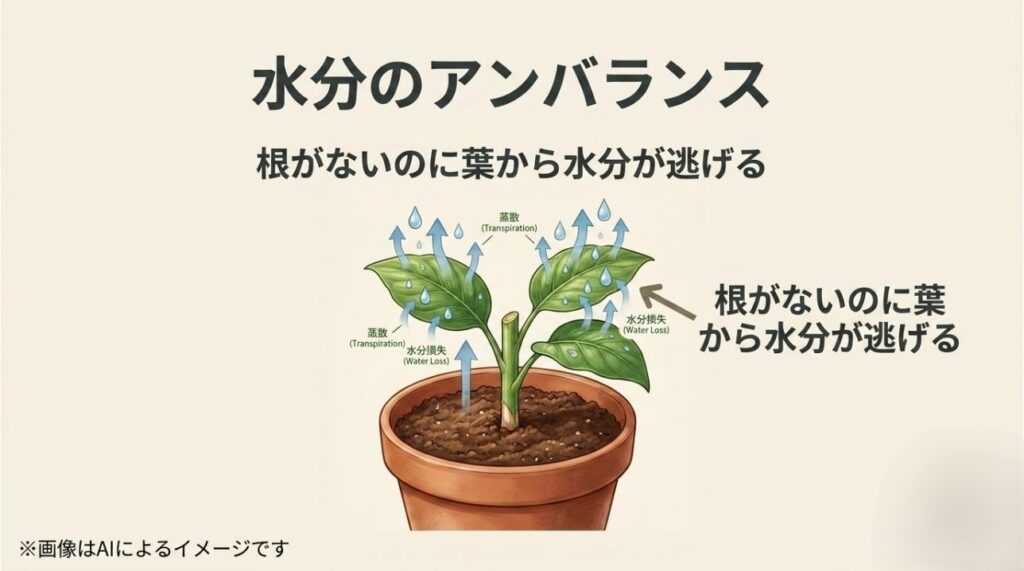 根がない状態の茎から葉を通じて水分が失われる蒸散作用の仕組みを解説する科学的な図解