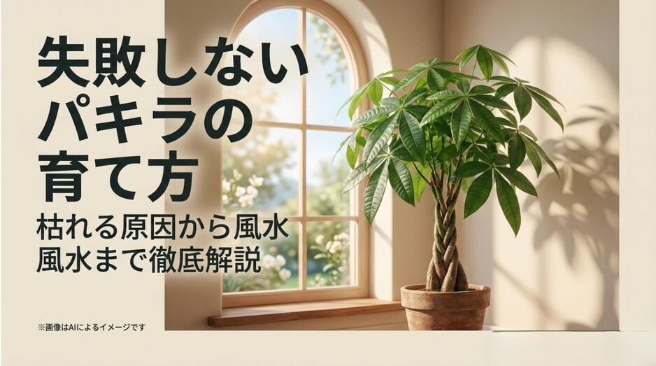 窓辺に置かれた編み込みパキラの鉢植えと、パキラの育て方を網羅的に解説することを伝えるアイキャッチ画像