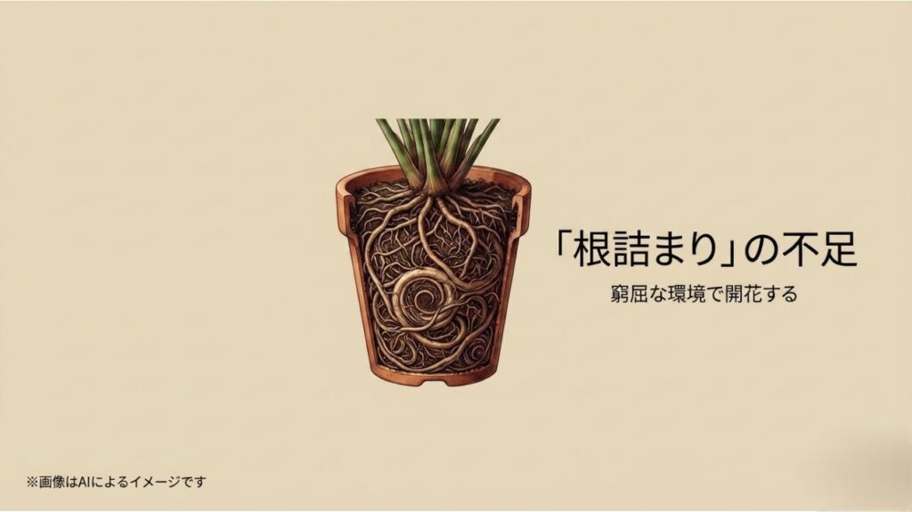 鉢の中に根がぎっしりと張り巡らされた状態のイラストと、窮屈な環境で開花するという解説