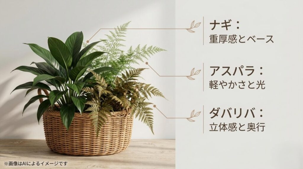 重厚なナギ、繊細なアスパラ、立体感のあるダバリバの3種の特徴と役割を比較解説したスライド