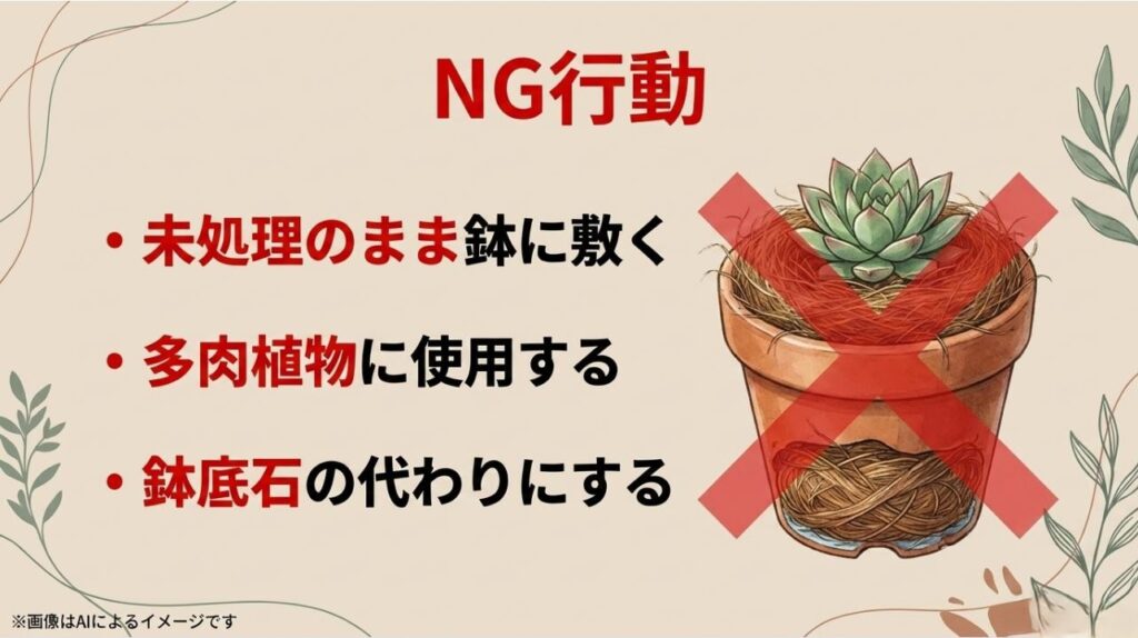 未処理での使用、多肉植物への使用、鉢底石代わりの使用に×印がついた警告画像