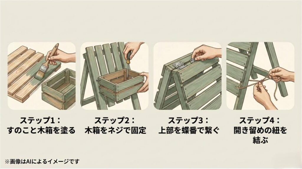 すのこに色を塗り、木箱をネジで固定し、蝶番で繋いで紐を結ぶというDIY手順を4つのイラストで説明したスライド