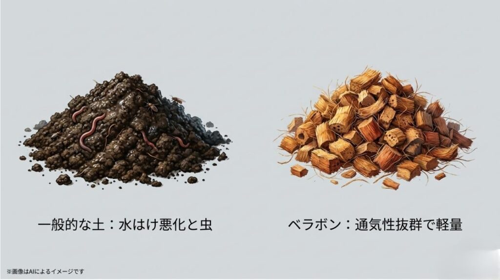虫が湧きやすい一般的な土の山と、通気性の良いチップ状のベラボンの山を比較したイラスト