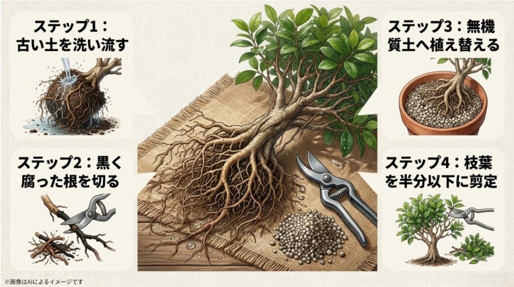 古い土を洗い流し、腐った根を切り、新しい土に植え替えてから枝葉を剪定するという、復活への具体的な4つの工程。