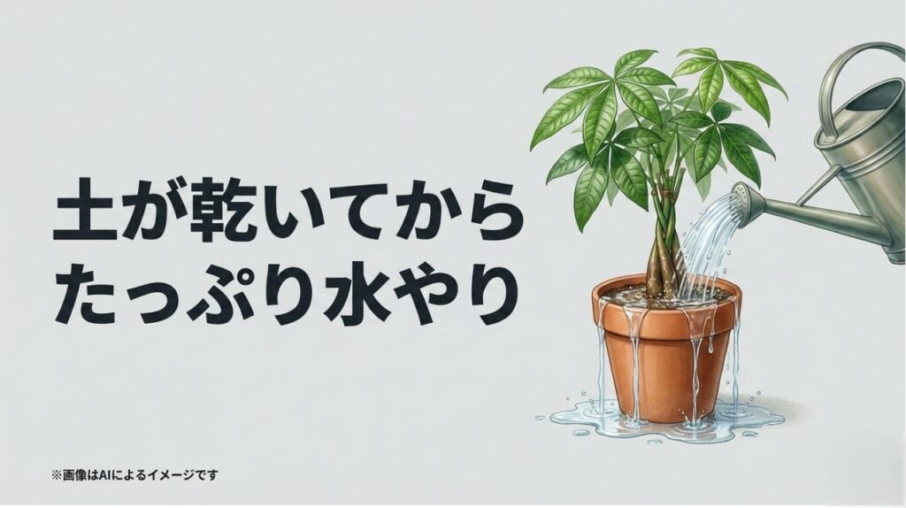 パキラの鉢植えにたっぷりと水を与えている様子と、水やりのタイミングを説明するスライド