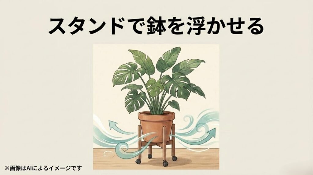 キャスター付きの木製スタンドに乗せられた観葉植物の鉢の下を、風がスムーズに通り抜けているイラスト