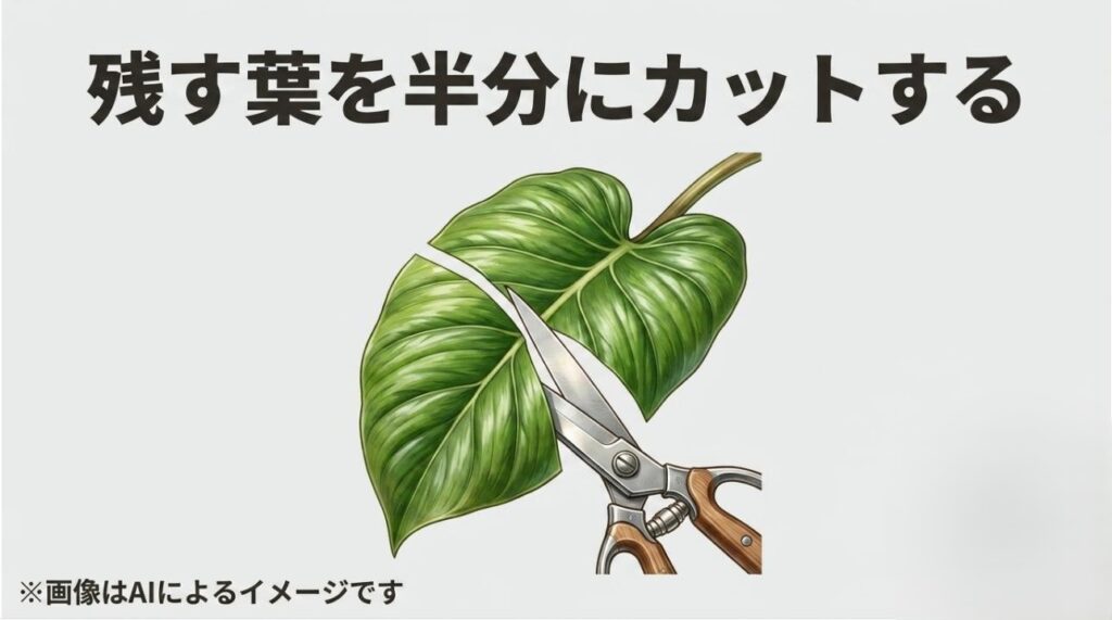 植物の大きな葉をハサミで半分にカットして水分の蒸発を防ぐ様子を詳しく描いたイラスト