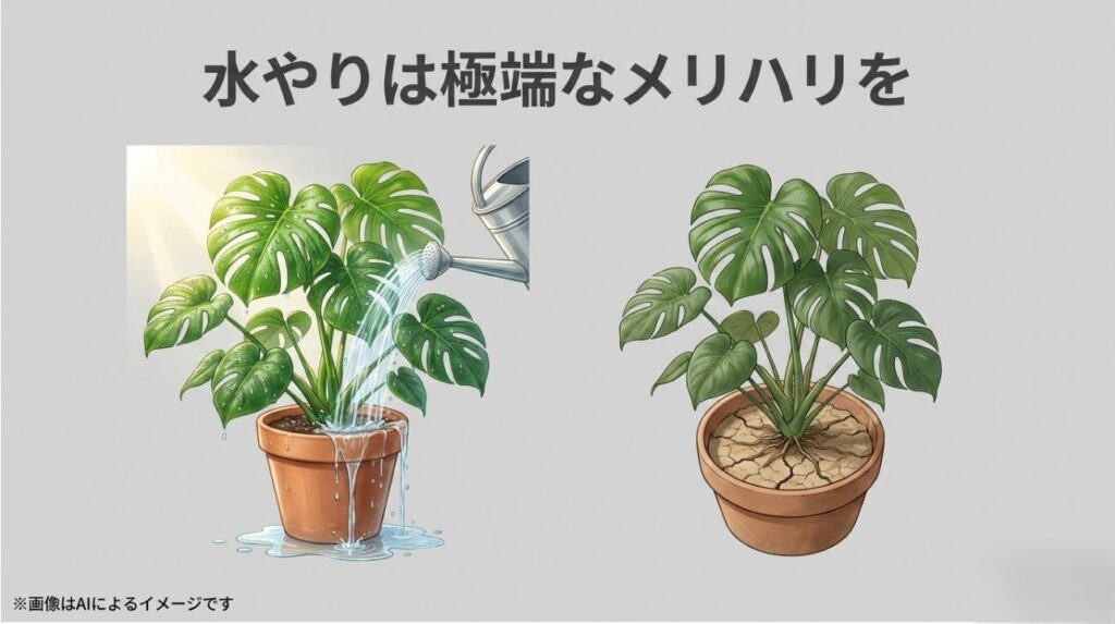 ジョウロでたっぷりと水を注がれて鉢底から水が溢れ出ている状態と、土の表面がしっかりと乾いてひび割れている状態を左右で対比させたイラスト