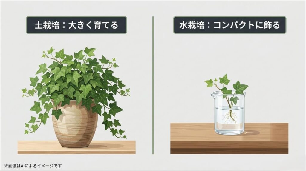 大きく育てたい場合は土栽培、コンパクトに飾りたい場合は水栽培というそれぞれの特徴を比較したスライド