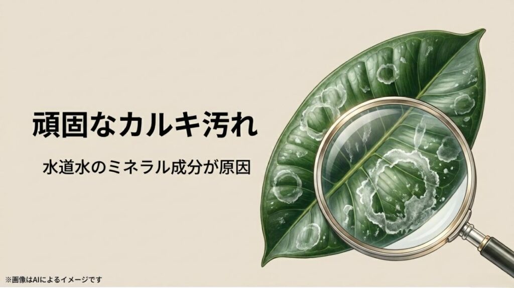 葉の表面にある白いリング状の汚れを虫眼鏡で拡大し、水道水のミネラルが原因であることを説明するスライド