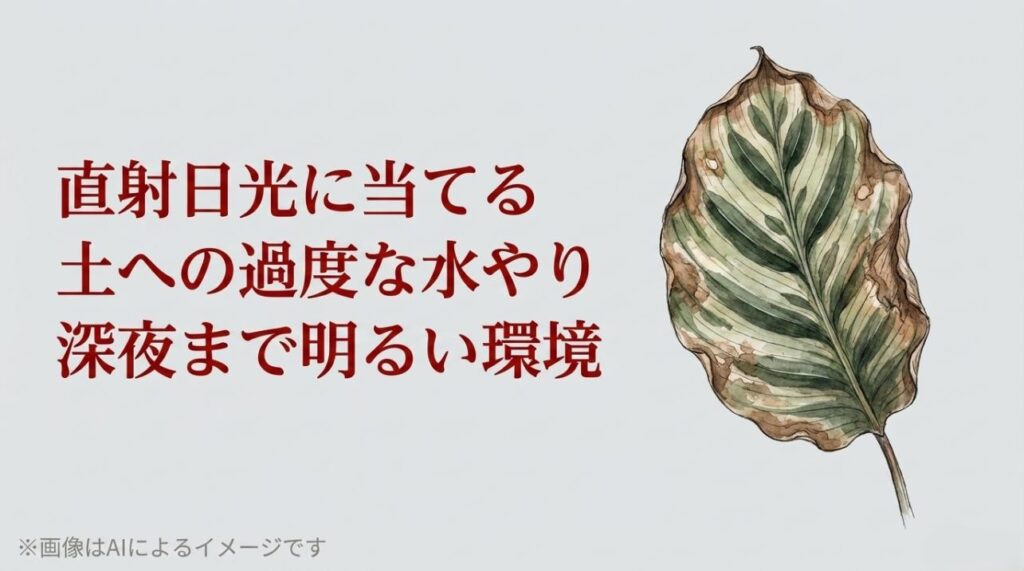 直射日光、過度な水やり、夜間の明るすぎる環境がカラテアに与える悪影響を説明する画像