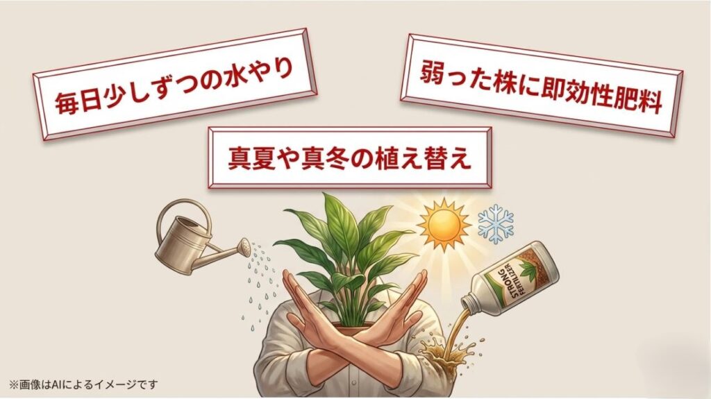 毎日少しずつの水やりや不適切な肥料、時期外れの植え替えを禁止するマークが描かれた注意喚起スライド