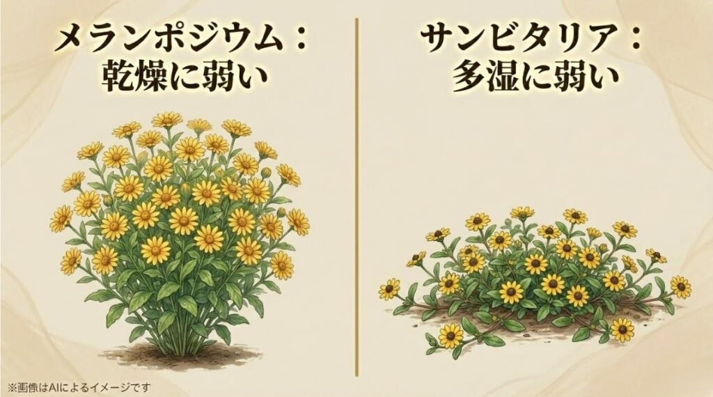 乾燥に弱いメランポジウムと多湿に弱いサンビタリアの草姿と性質の違いを比較したイラスト