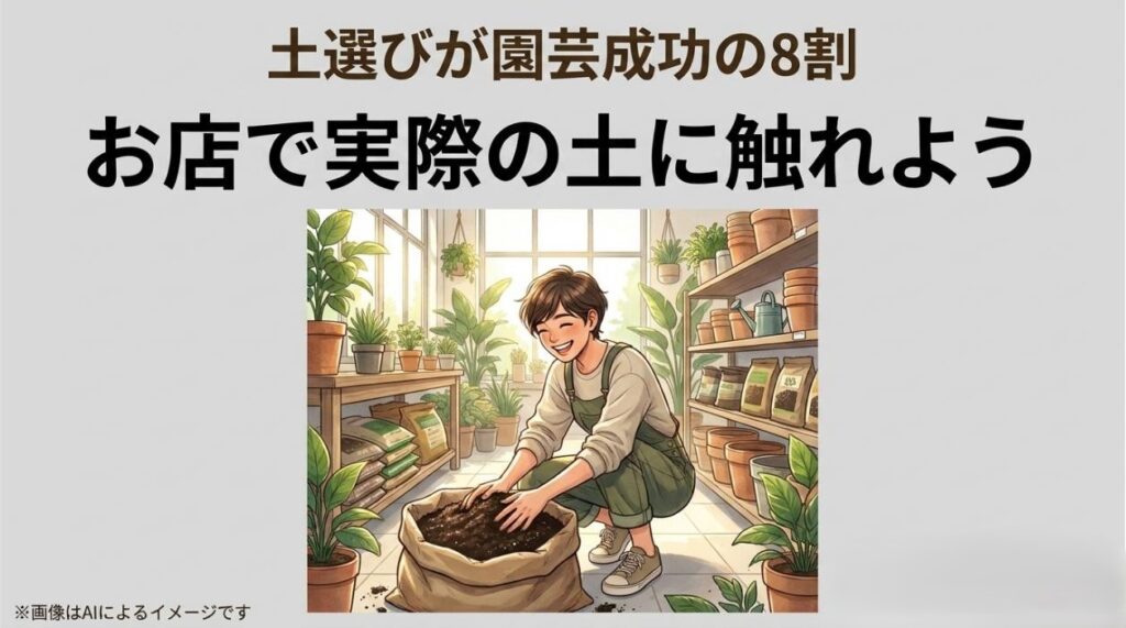 ホームセンターで土を選ぶ人のイラストと、土選びが園芸成功の8割を占めるというまとめのメッセージのスライド