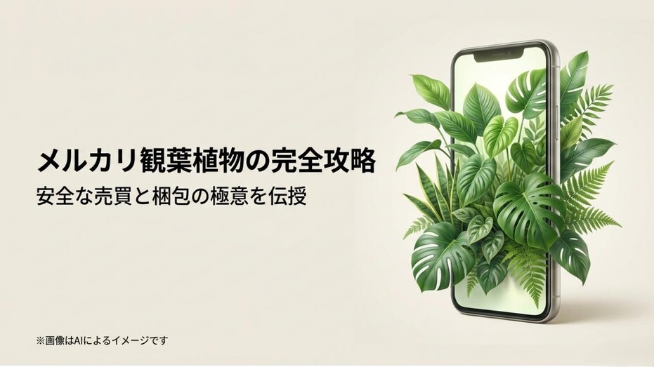 スマートフォンから青々とした観葉植物が飛び出しているデザインと、メルカリでの安全な売買と梱包の極意を伝えるアイキャッチ画像