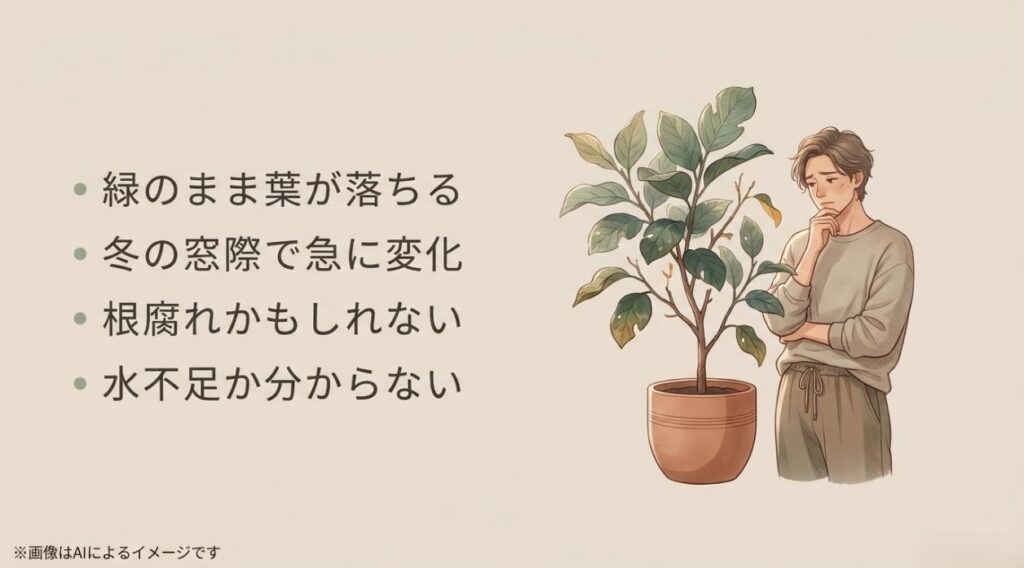 葉が落ちる観葉植物を見て悩む男性のイラストと、緑のまま葉が落ちるなどのよくある疑問をまとめたスライド