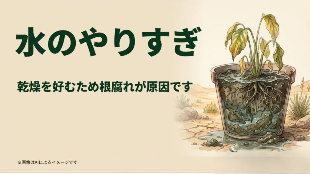 乾燥を好むローズゼラニウムにとって、水のやりすぎが根腐れの原因になることを伝える警告のメッセージ