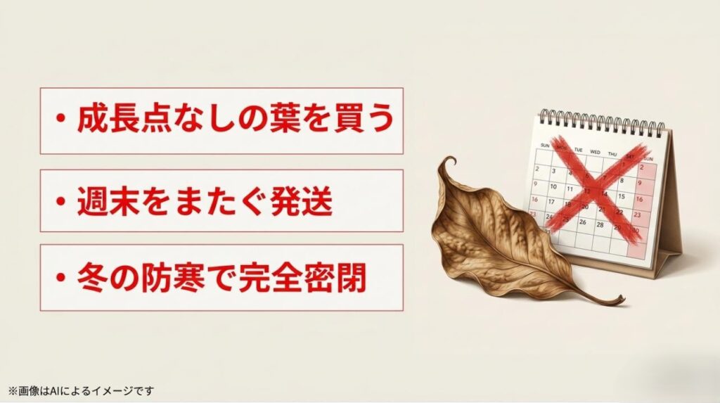 枯れた葉とバツ印がつけられたカレンダーのイラストと、成長点なしの葉の購入や週末発送、冬の完全密閉などのNG行動をまとめたスライド