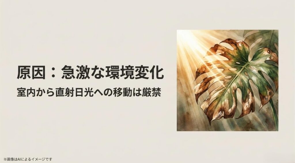 強い直射日光を浴びて茶色く葉焼けしてしまったモンステラのイラストと、室内からの急な移動を警告するスライド