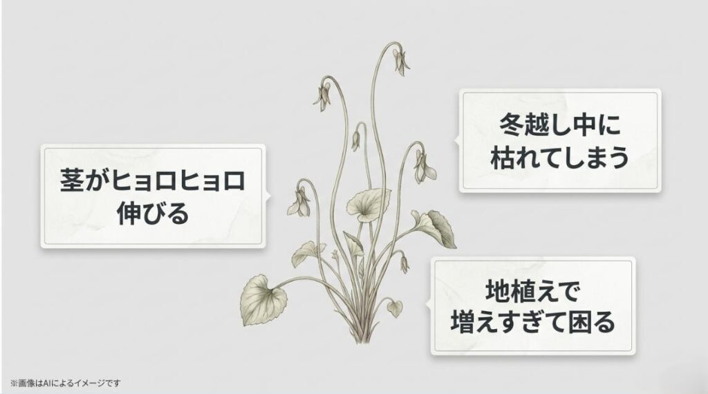 茎の間延び、冬の枯れ、地植えでの異常繁殖という、パンダスミレの育成でよくある3つの悩みをまとめたスライド