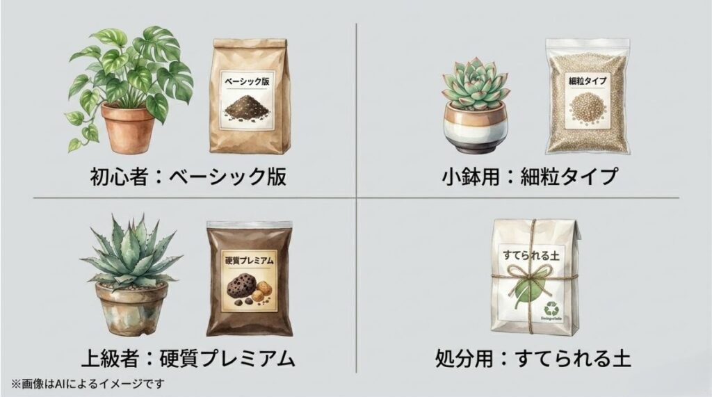ベーシック版、細粒タイプ、硬質プレミアム、すてられる土の各パッケージと、それぞれの対象者（初心者、小鉢用、上級者など）をまとめた図