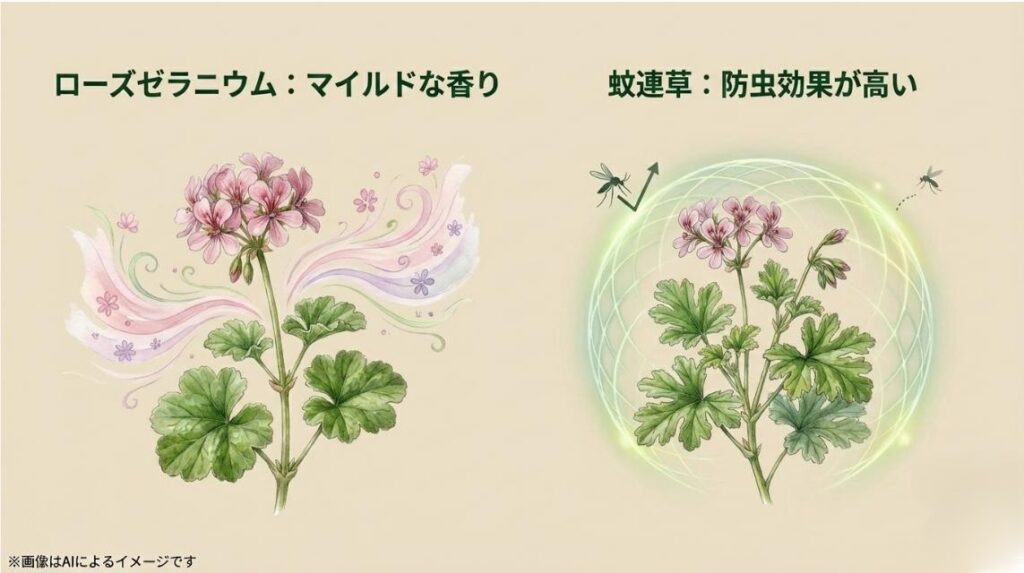 マイルドな香りのローズゼラニウムと防虫効果が高い蚊連草の特徴を、蚊をバリアするイラストとともに比較したスライド