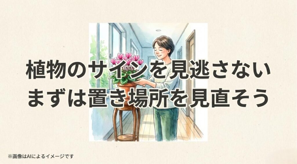 置き場所を見直し、植物からの小さなサインを見逃さないように呼びかけるまとめのスライド