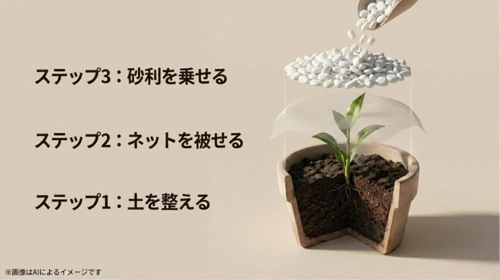 鉢の土の上にネットを被せ、その上に砂利を乗せるという、土と石を混ざらなくするための植え替え3ステップを分かりやすく図解した画像