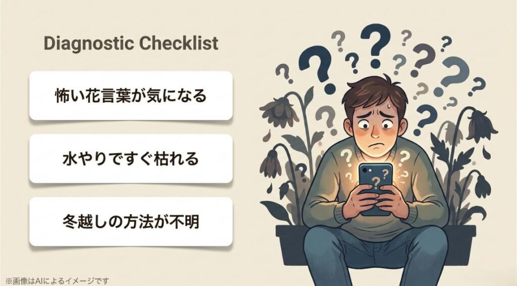 怖い花言葉、水やりですぐ枯れる、冬越しの方法など、スマホを見ながら悩む人のイラストとチェックリスト