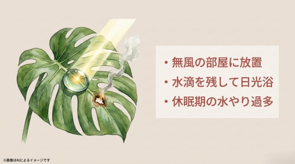 葉についた水滴が日光を集めて葉焼けを起こす様子と、無風や水やり過多などのNG行動をまとめたスライド