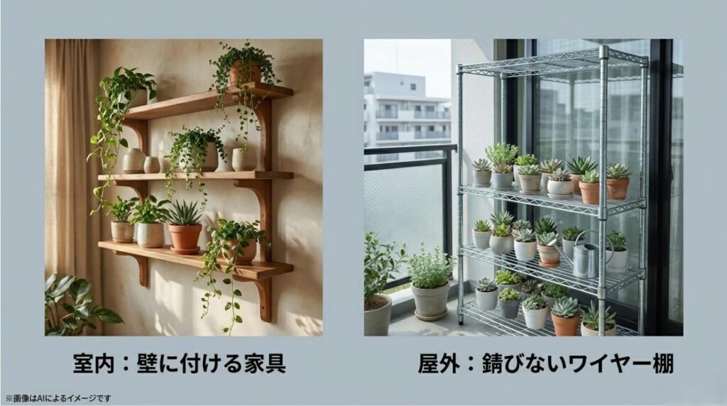 室内で木製の壁掛け家具に飾られた植物と、屋外のベランダで錆びにくいワイヤーラックに並べられた植物の対比画像