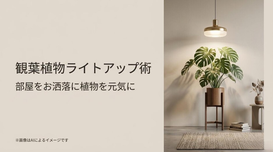 ライトアップされた観葉植物が飾られたおしゃれな部屋と、ライトアップ術を伝えるタイトルのアイキャッチ画像