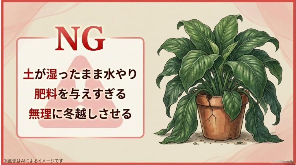 枯れかけた鉢植えのイラストとともに、土が湿ったままの水やり、肥料過多、無理な冬越しといったNG行動を警告するスライド