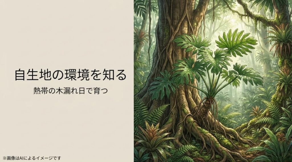 セロームが熱帯雨林の巨大な樹木の根元で木漏れ日を浴びて自生している様子