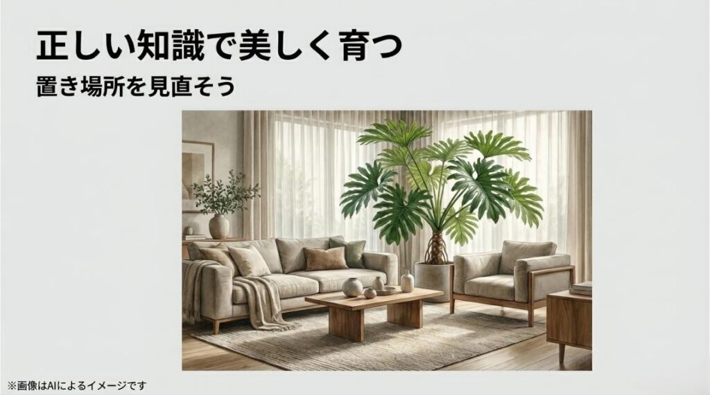 リビングルームのソファの横で、シンボルツリーとして美しく育ったセロームのインテリア空間