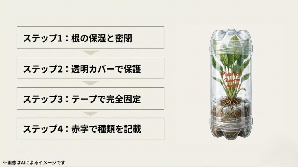ペットボトルを使用した植物の梱包図解と、根の密閉からテープでの完全固定までの4つのステップを説明したスライド