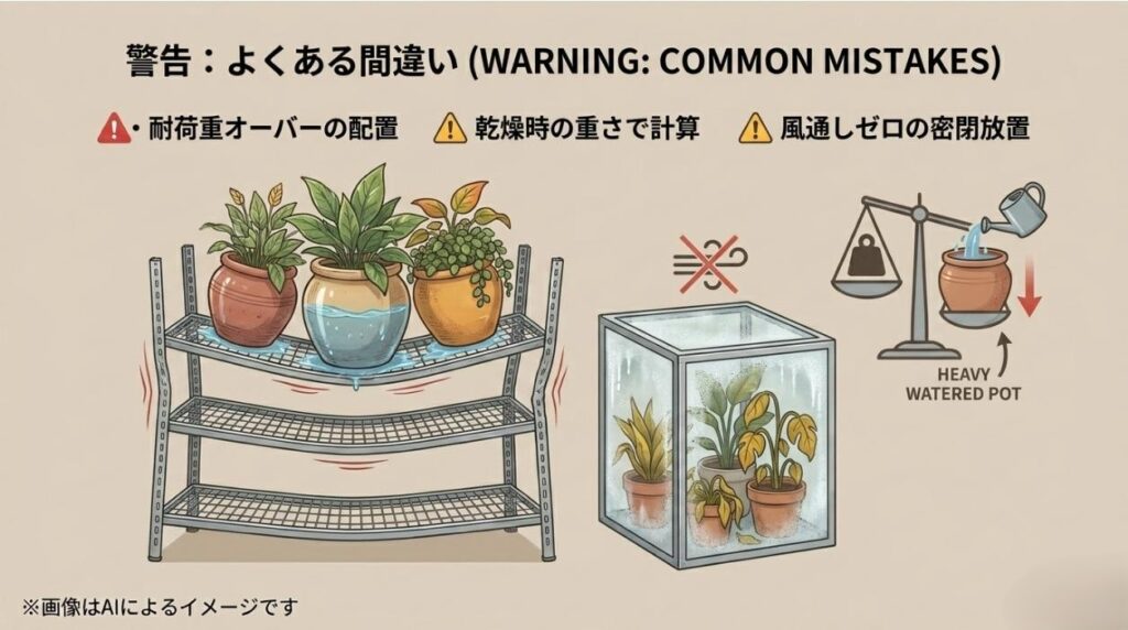 耐荷重オーバーや水やり後の重量増加、風通しのない密閉放置など、植物棚づくりの失敗例を示す警告スライド