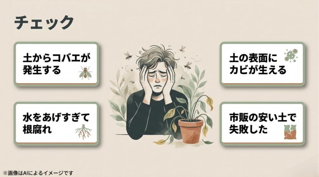 コバエの発生、カビ、根腐れ、市販の土での失敗など、観葉植物の土に関する悩みを抱える人のイラスト
