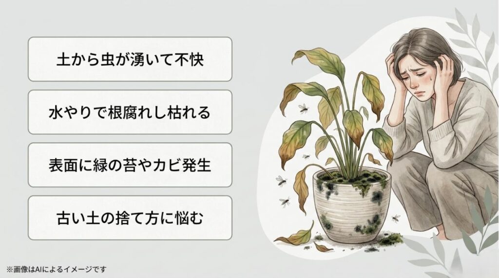 土から虫が湧く、根腐れ、カビの発生、土の捨て方など、観葉植物の土に関する代表的な悩みをまとめたイラスト