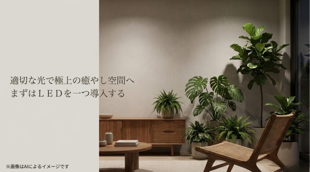 適切なLEDライトに照らされた観葉植物が飾られた、美しくリラックスできる部屋の様子