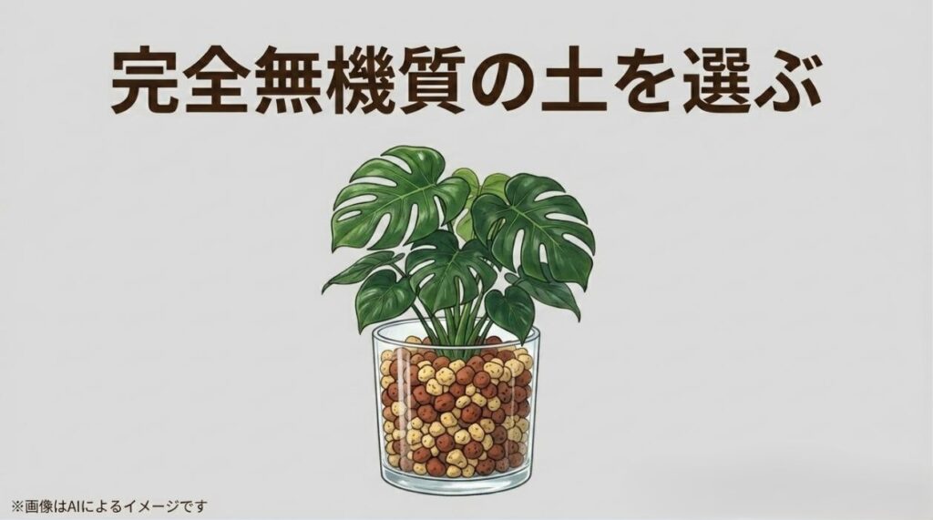 ハイドロボールのような完全無機質の土に植えられたモンステラのイラストと、無機質土を選ぶ提案のスライド