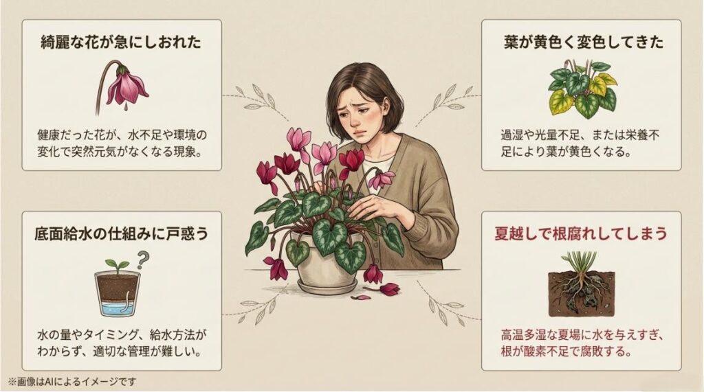 花がしおれる、葉が黄色くなる、底面給水に戸惑う、根腐れするといった、シクラメン栽培のよくあるトラブルをまとめたスライド