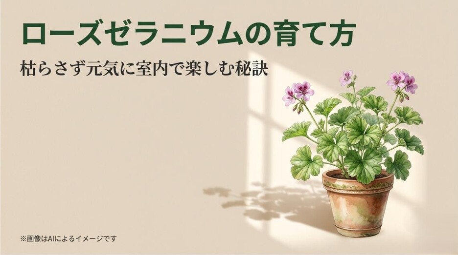 室内で元気に育つ鉢植えのローズゼラニウムのイラストと、育て方の秘訣を伝えるタイトルのアイキャッチ画像