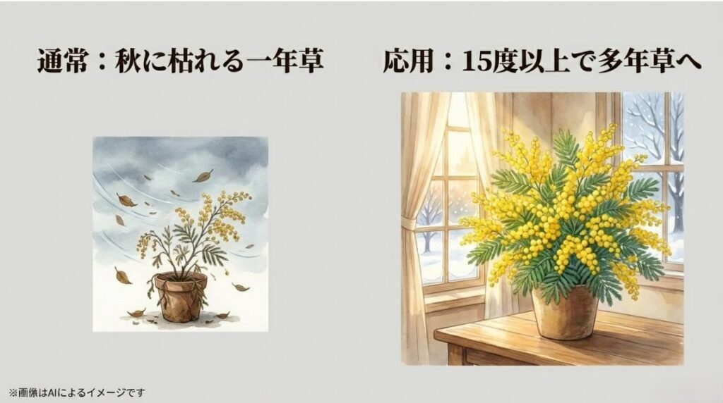 寒風で枯れゆく秋の鉢植えと、暖かい室内で満開に咲くオジギソウを対比させ、15度以上で多年草になることを伝えるスライド