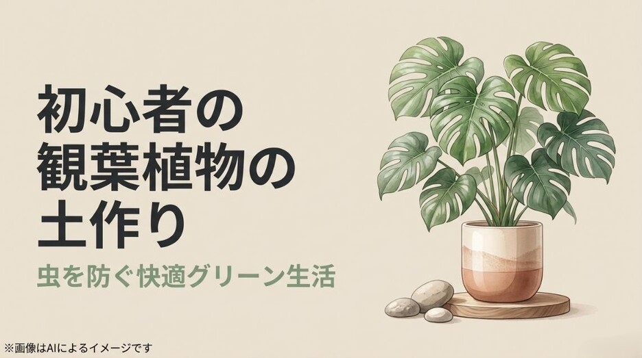 観葉植物の鉢植えと、「初心者の観葉植物の土作り 虫を防ぐ快適グリーン生活」と書かれたタイトルスライド画像
